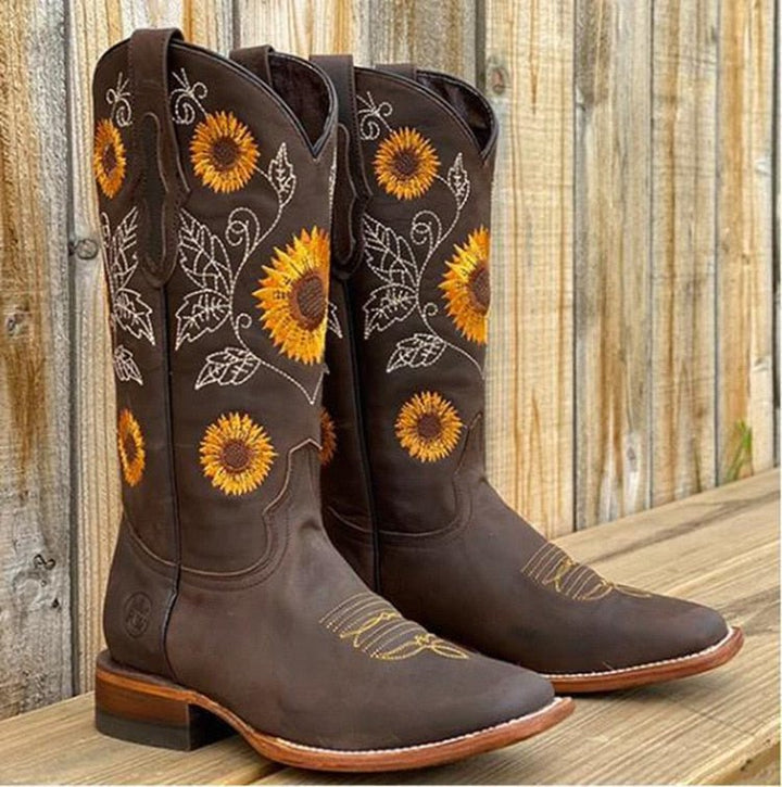 Womens Western Printed Mid Heel Cowboy Boots Leather 1