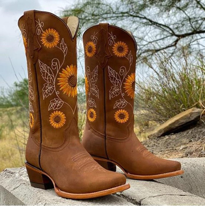 Womens Western Printed Mid Heel Cowboy Boots Leather 5