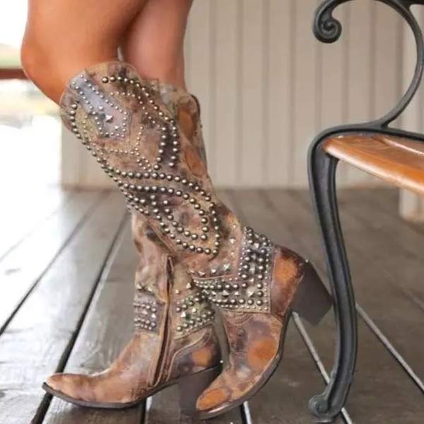 Womens Western Studded Block Heel Cowboy Boots Leather 0