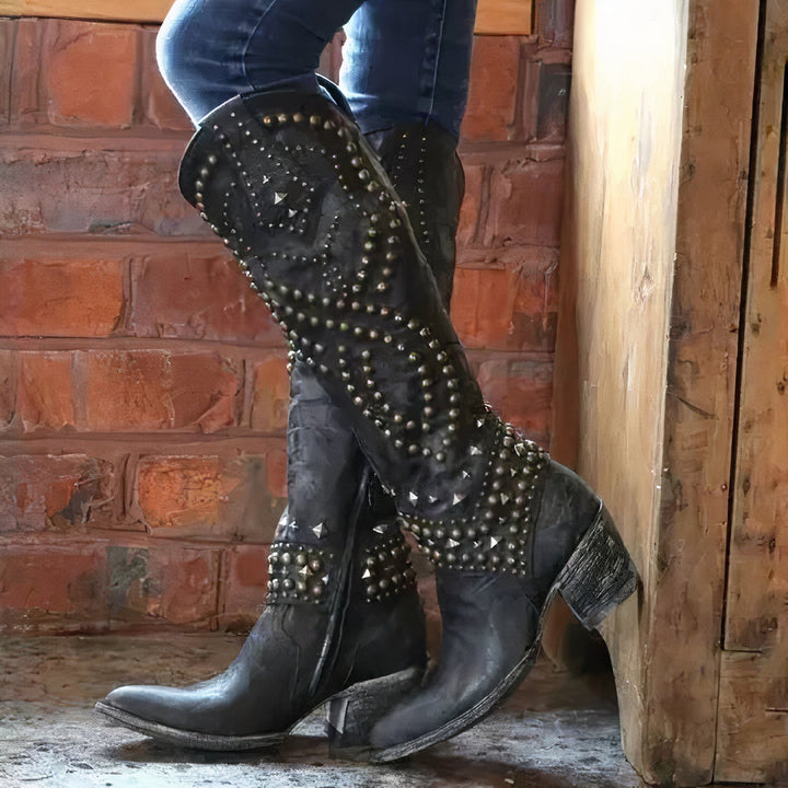 Womens Western Studded Block Heel Cowboy Boots Leather 1