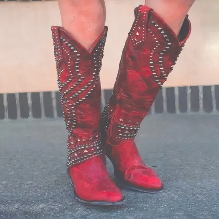 Womens Western Studded Block Heel Cowboy Boots Leather 2