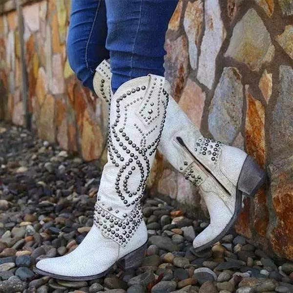 Womens Western Studded Block Heel Cowboy Boots Leather 3