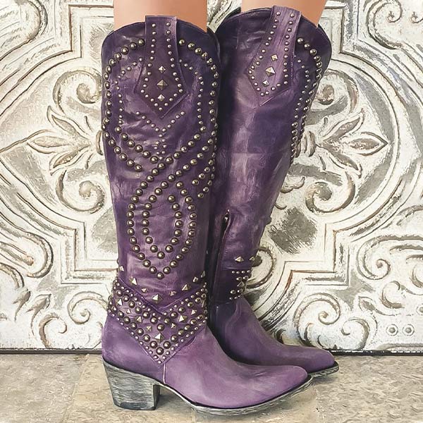 Womens Western Studded Block Heel Cowboy Boots Leather 4
