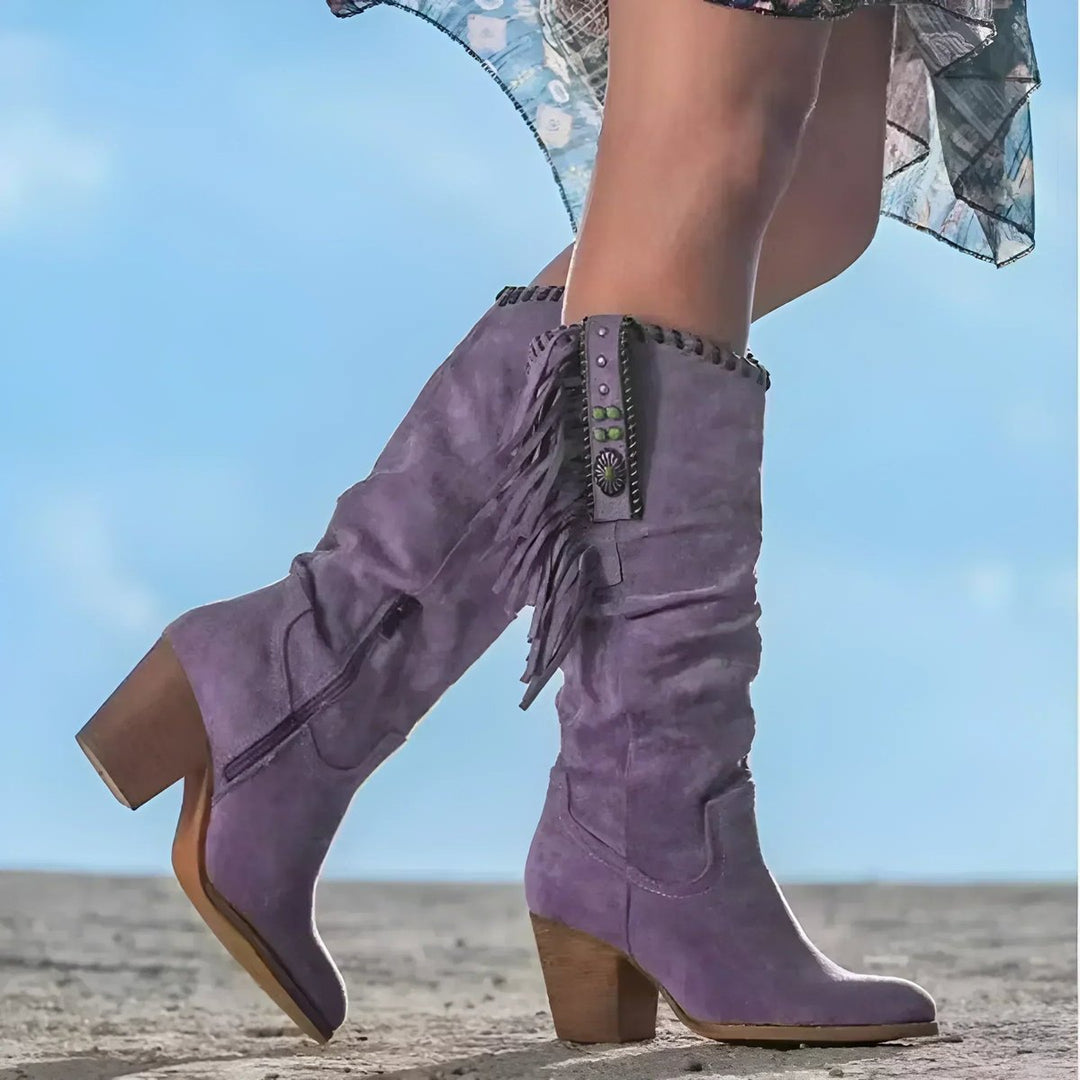 Womens Western Suede Fringe Knee High Boots Leather 1