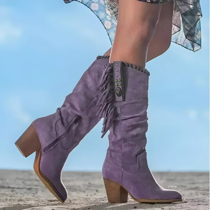 Womens Western Suede Fringe Knee High Boots Leather 1