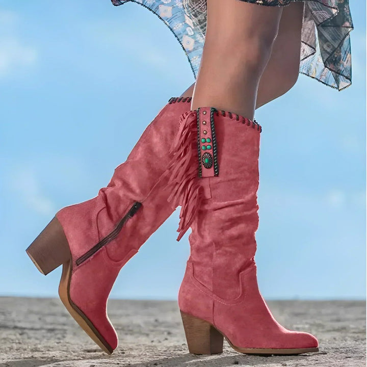 Womens Western Suede Fringe Knee High Boots Leather 3