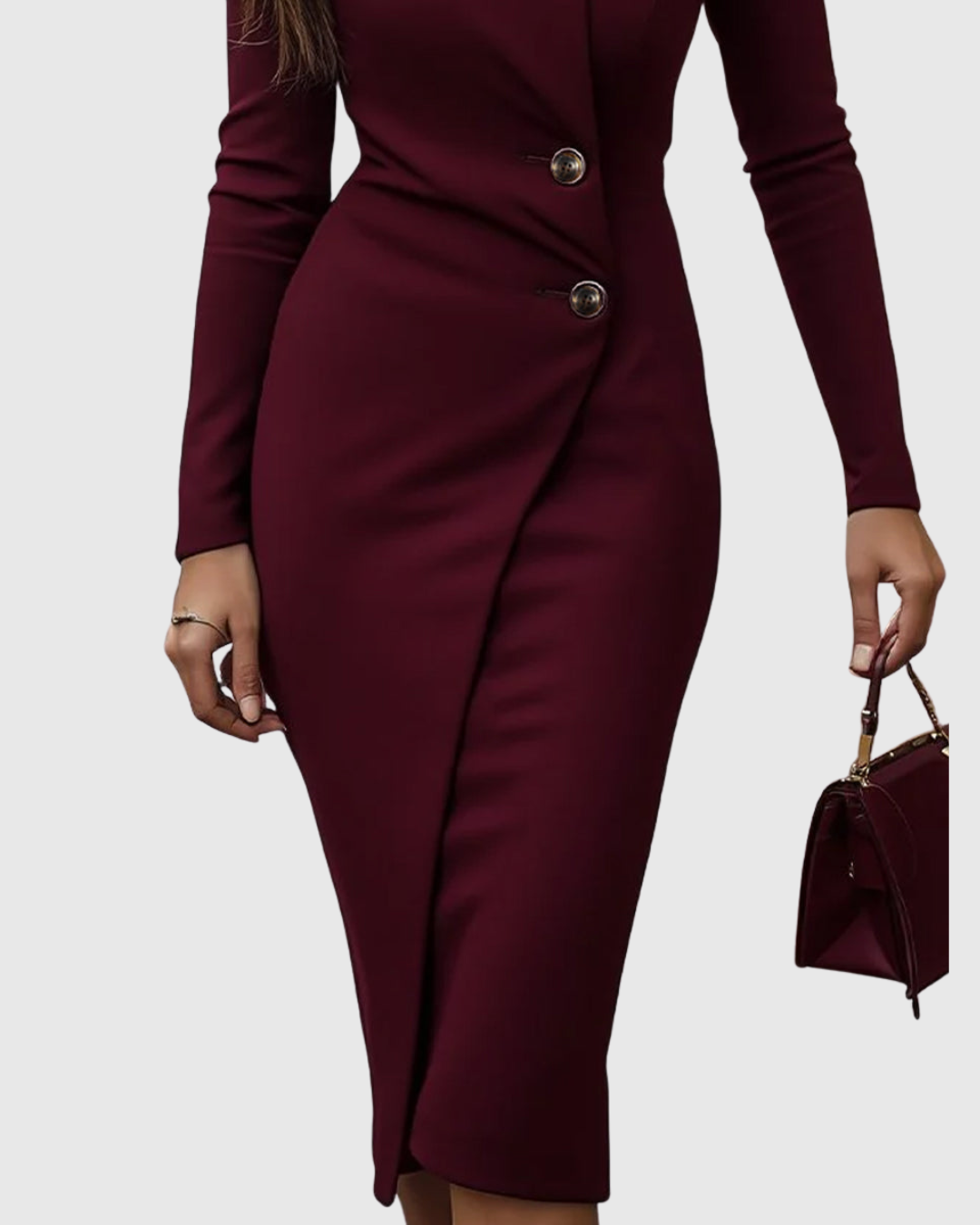 Womens Wrap Midi Dress With Button Detail Burgundy Stretch 3