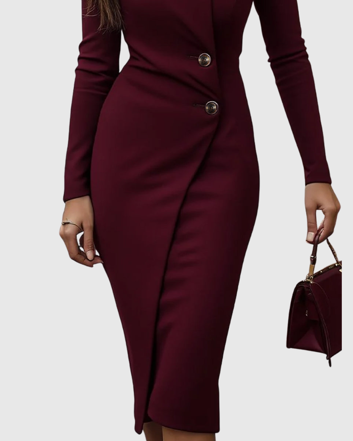 Womens Wrap Midi Dress With Button Detail Burgundy Stretch 3