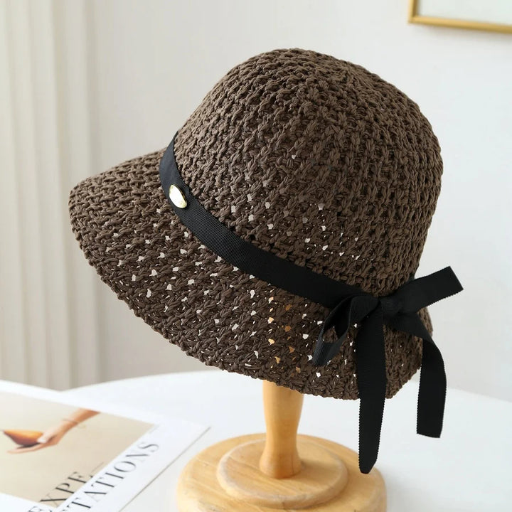 Wilhelmina | Women's Wide Brim Crochet Hat with Grosgrain Bow Tie Detail