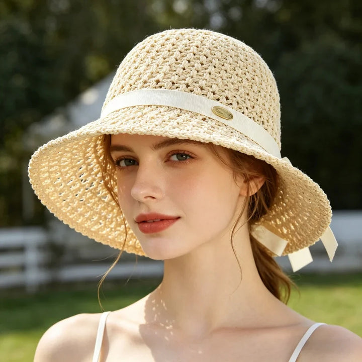 Wilhelmina | Women's Wide Brim Crochet Hat with Grosgrain Bow Tie Detail
