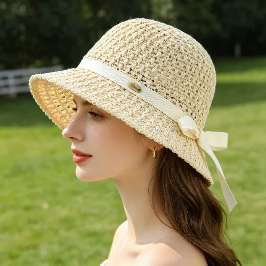 Wilhelmina | Women's Wide Brim Crochet Hat with Grosgrain Bow Tie Detail