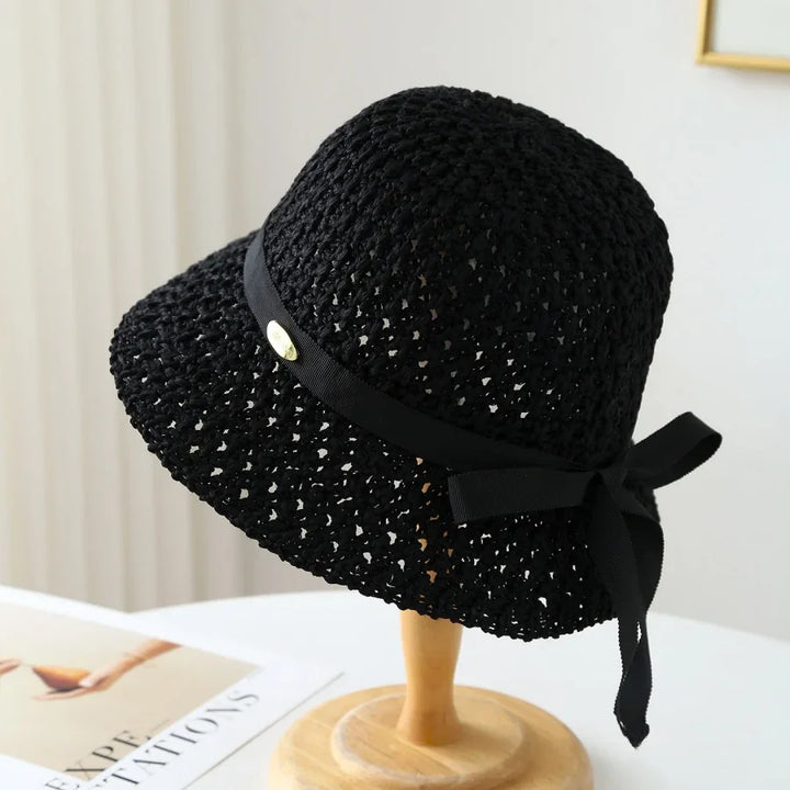 Wilhelmina | Women's Wide Brim Crochet Hat with Grosgrain Bow Tie Detail
