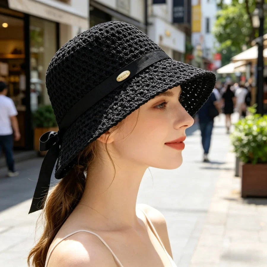 Wilhelmina | Women's Wide Brim Crochet Hat with Grosgrain Bow Tie Detail