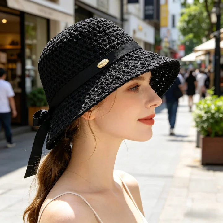 Wilhelmina | Women's Wide Brim Crochet Hat with Grosgrain Bow Tie Detail