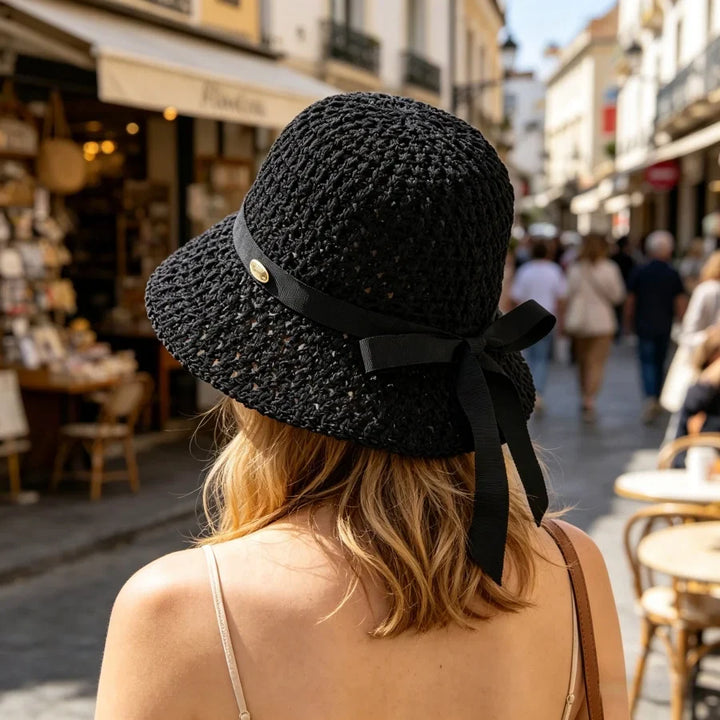 Wilhelmina | Women's Wide Brim Crochet Hat with Grosgrain Bow Tie Detail