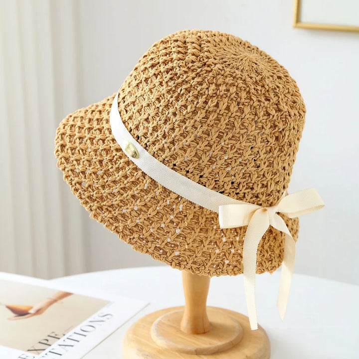 Wilhelmina | Women's Wide Brim Crochet Hat with Grosgrain Bow Tie Detail