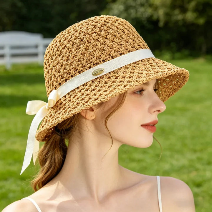 Wilhelmina | Women's Wide Brim Crochet Hat with Grosgrain Bow Tie Detail