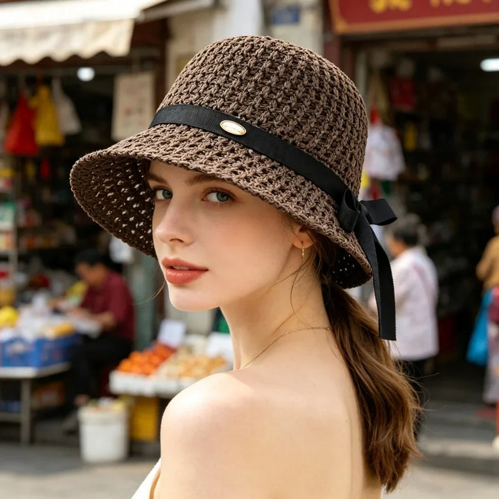Wilhelmina | Women's Wide Brim Crochet Hat with Grosgrain Bow Tie Detail