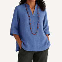 Violette | Mandarin Collar V-Neck Three-Quarter Sleeve Tunic Blouse