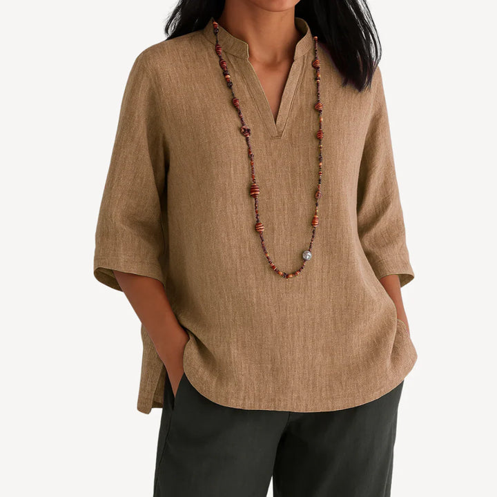 Violette | Mandarin Collar V-Neck Three-Quarter Sleeve Tunic Blouse