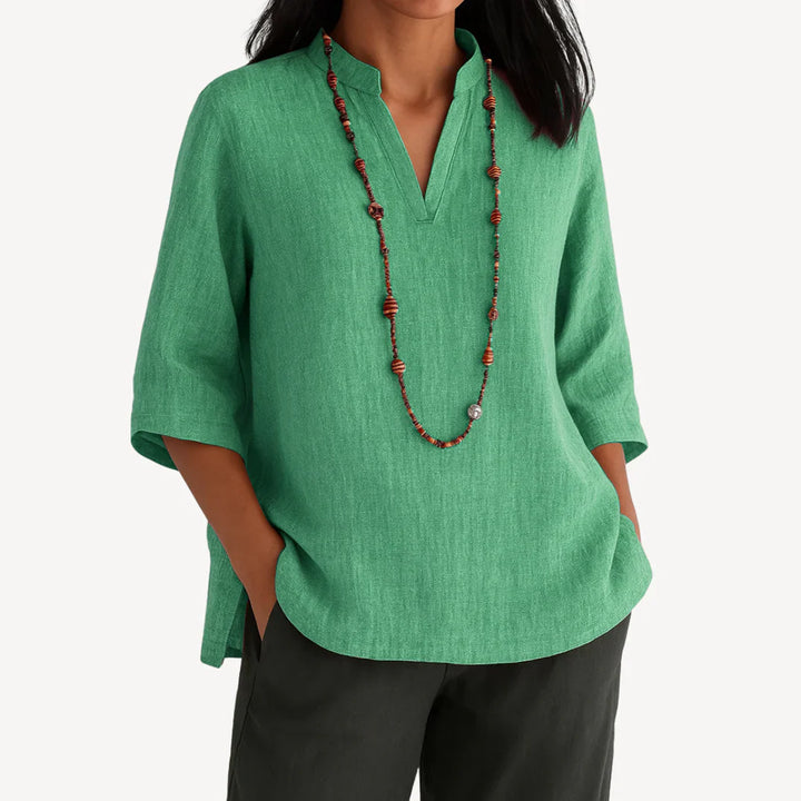 Violette | Mandarin Collar V-Neck Three-Quarter Sleeve Tunic Blouse