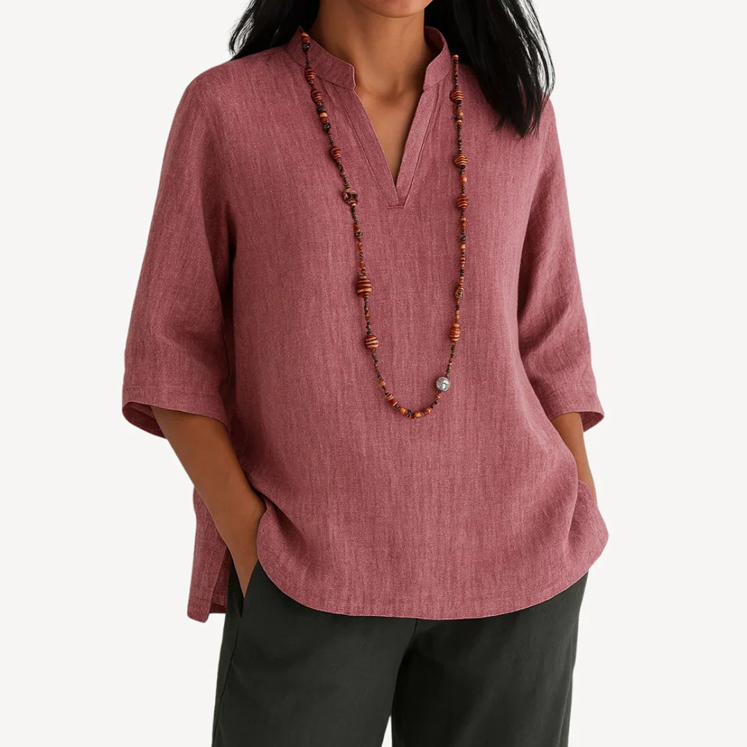 Violette | Mandarin Collar V-Neck Three-Quarter Sleeve Tunic Blouse