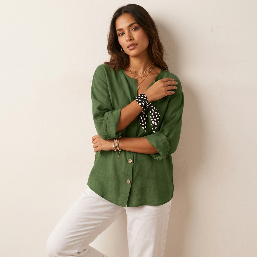 Mathilde | Single Button V-Neck Linen Tunic Blouse