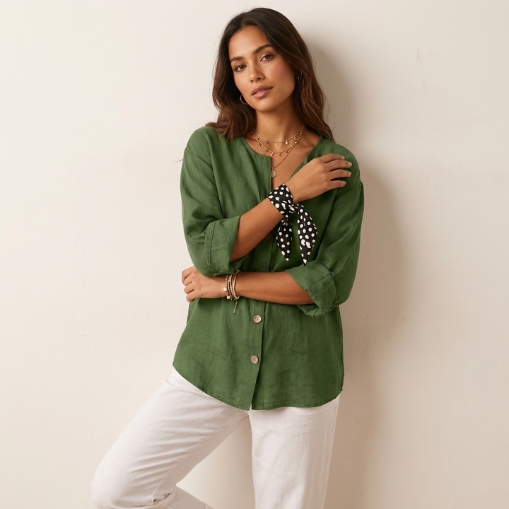 Mathilde | Single Button V-Neck Linen Tunic Blouse