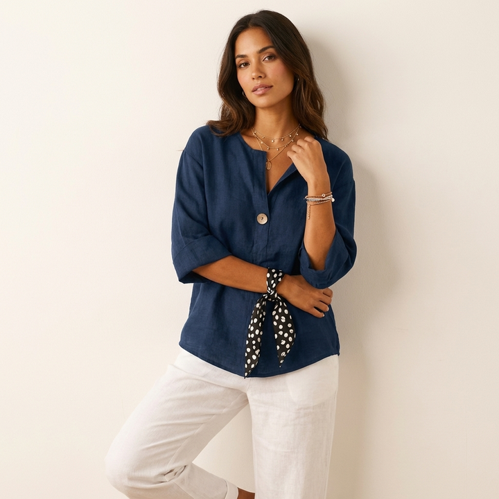 Mathilde | Single Button V-Neck Linen Tunic Blouse