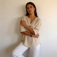 Mathilde | Single Button V-Neck Linen Tunic Blouse