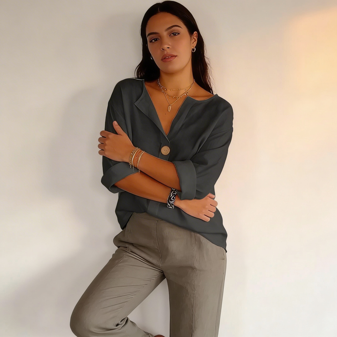 Mathilde | Single Button V-Neck Linen Tunic Blouse