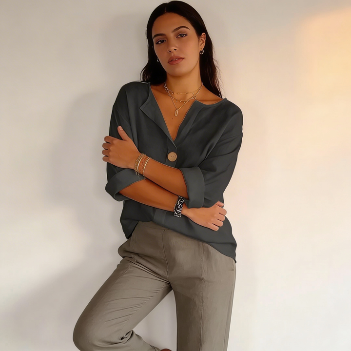 Mathilde | Single Button V-Neck Linen Tunic Blouse