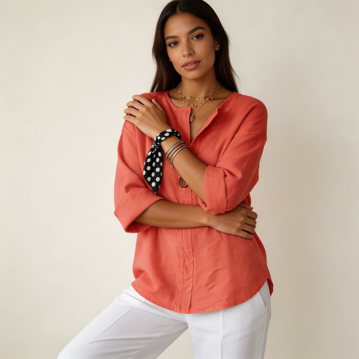 Mathilde | Single Button V-Neck Linen Tunic Blouse