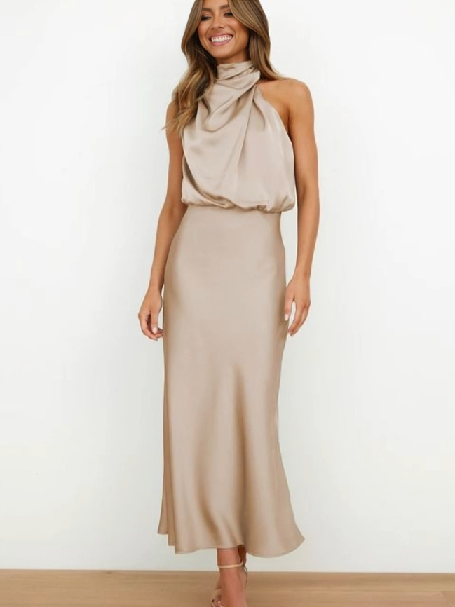 Sienna | Draped Twist Blouson Halter Neck Maxi Dress in Satin