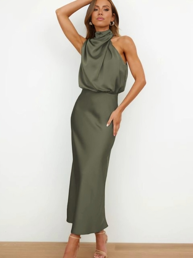 Sienna | Draped Twist Blouson Halter Neck Maxi Dress in Satin