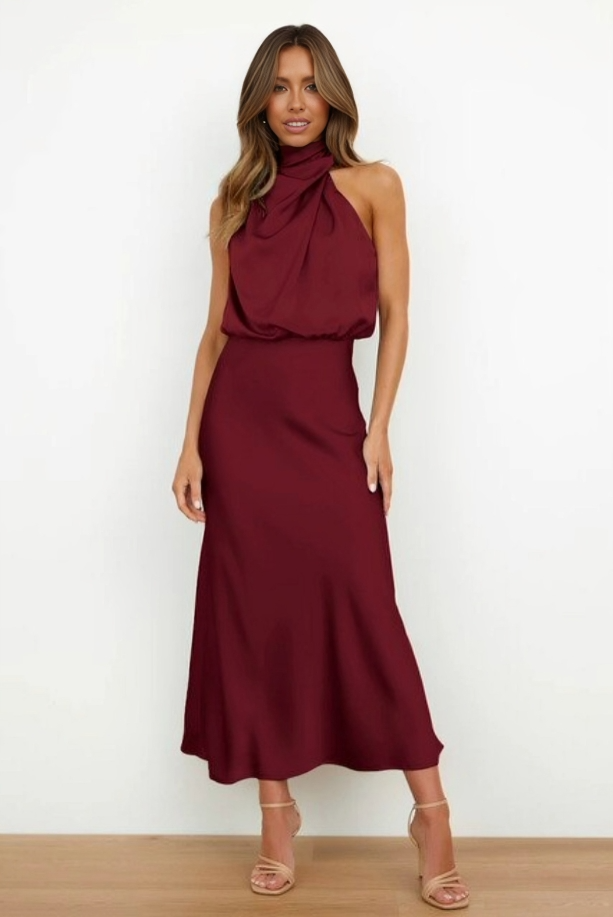 Sienna | Draped Twist Blouson Halter Neck Maxi Dress in Satin