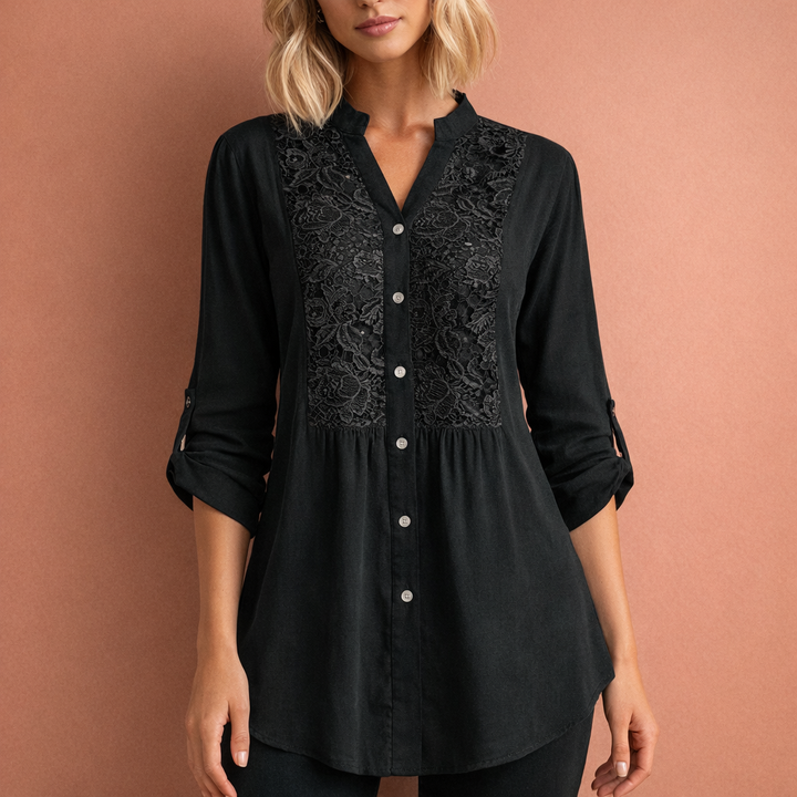 Celeste | Lace Bib Front Button-Up Tunic Blouse