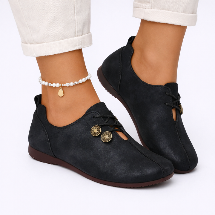 Bernadette | Women's Round Toe Orthopedic Flats with Lace-Up Button Detail