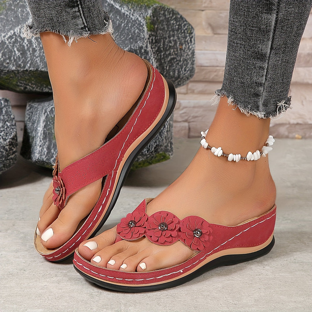 Fiora | Floral Embellished Wedge Sandals with Toe Loop
