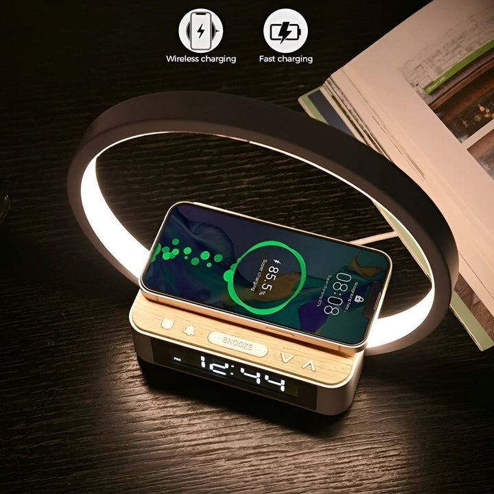 Designer Night Light with Wireless Charger and Alarm Clock – Bedside Lamp with Gentle Wake-Up &amp; Touch Control – LumoRise