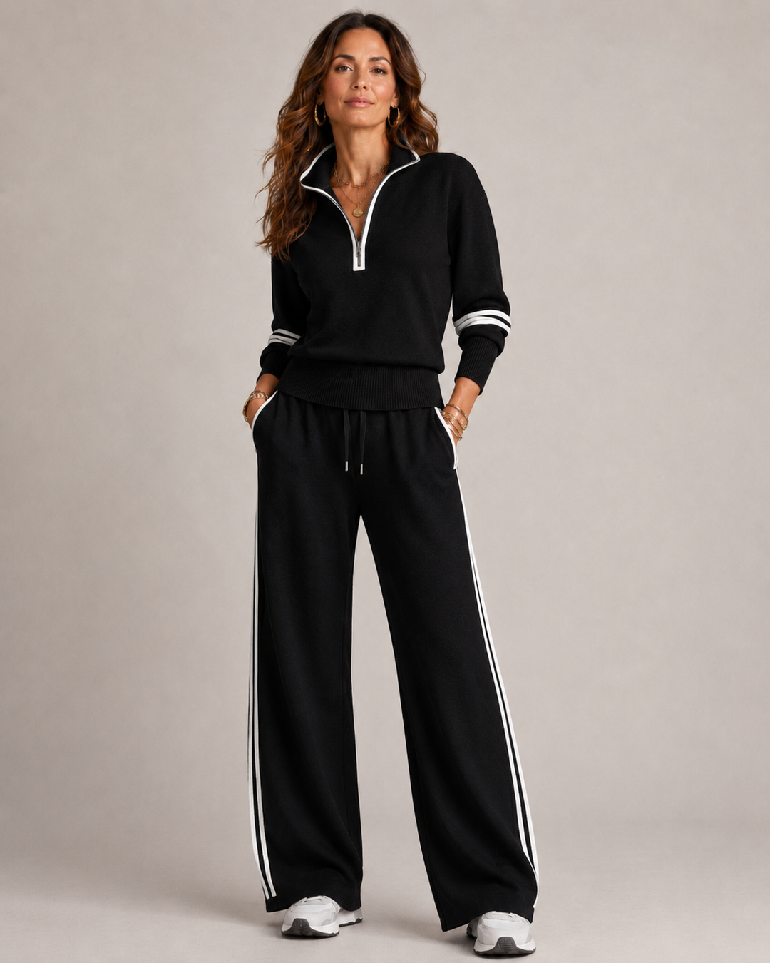 Solenne | Women's Tracksuit – Half-Zip Sweater & Wide-Leg Trousers Two-Piece Set