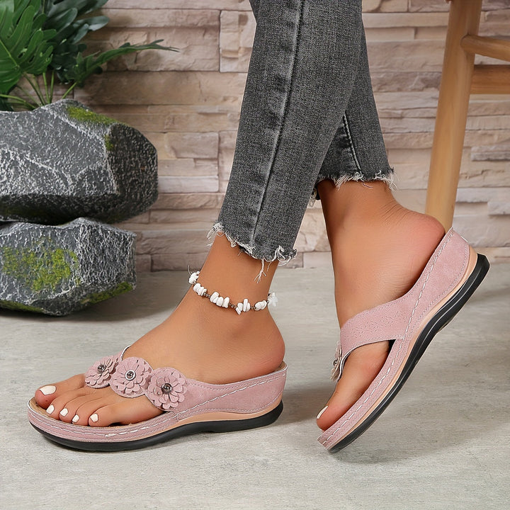 Fiora | Floral Embellished Wedge Sandals with Toe Loop