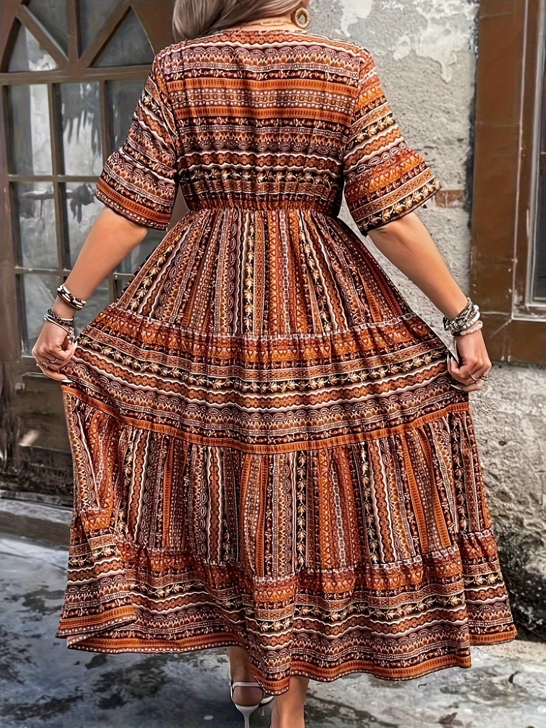 Marrakech | Tribal Stripe Print Smocked Waist Tiered Boho Dress