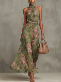 Botanica | Floral Chiffon Gathered Halter Neck Maxi Dress with Belt