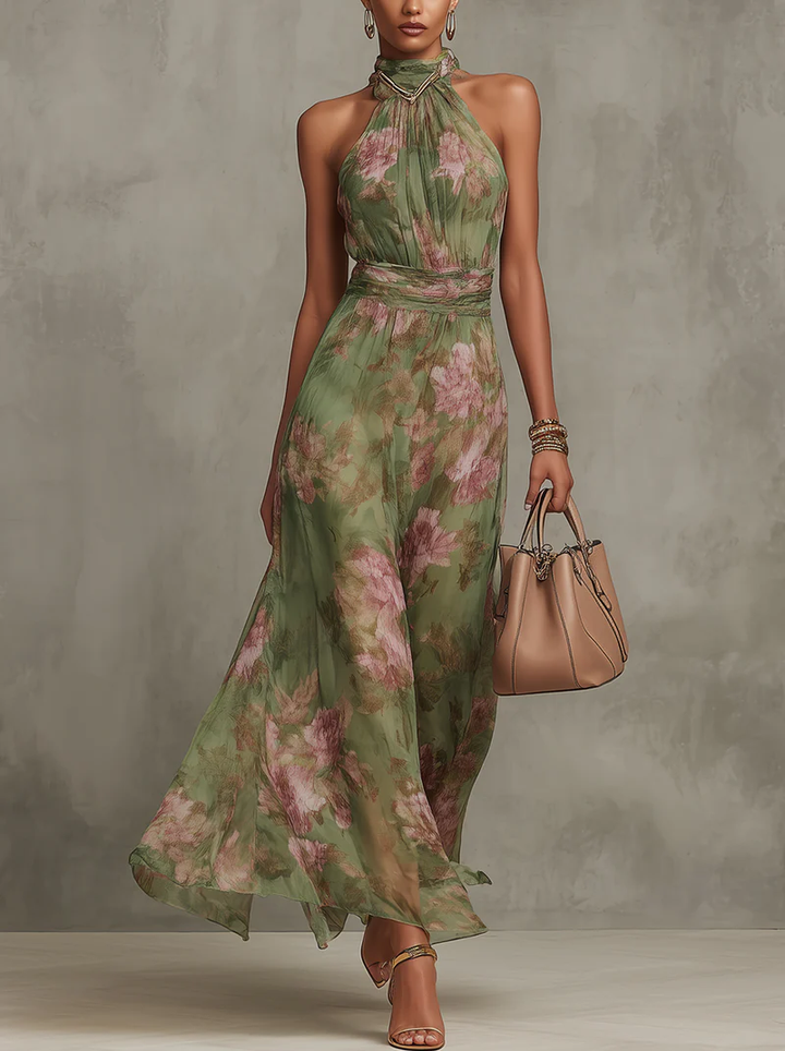 Botanica | Floral Chiffon Gathered Halter Neck Maxi Dress with Belt
