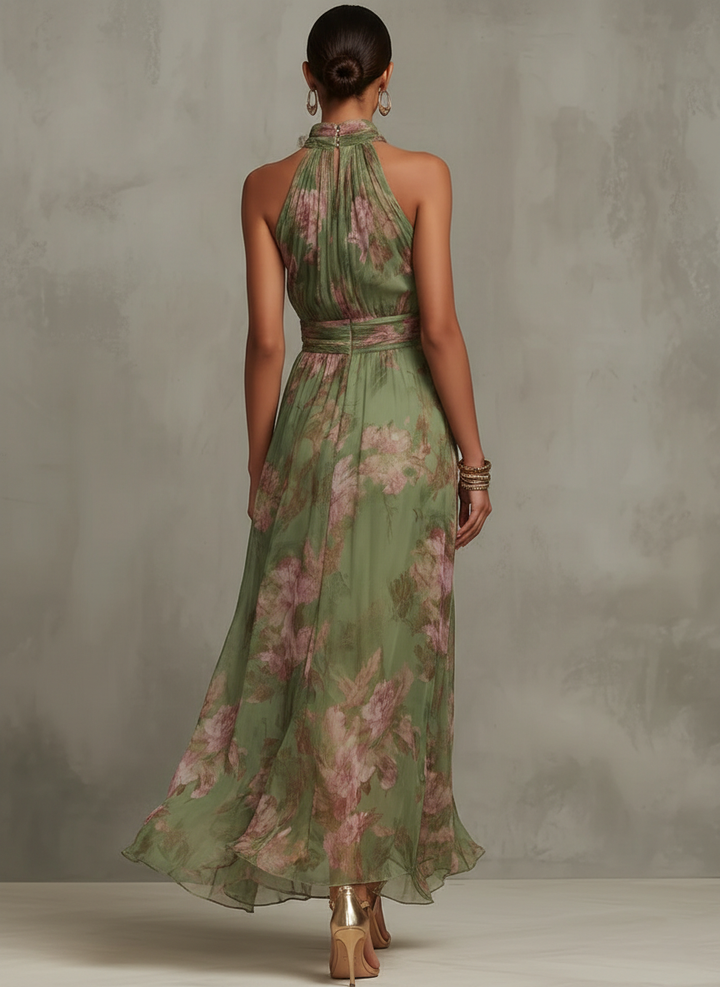 Botanica | Floral Chiffon Gathered Halter Neck Maxi Dress with Belt