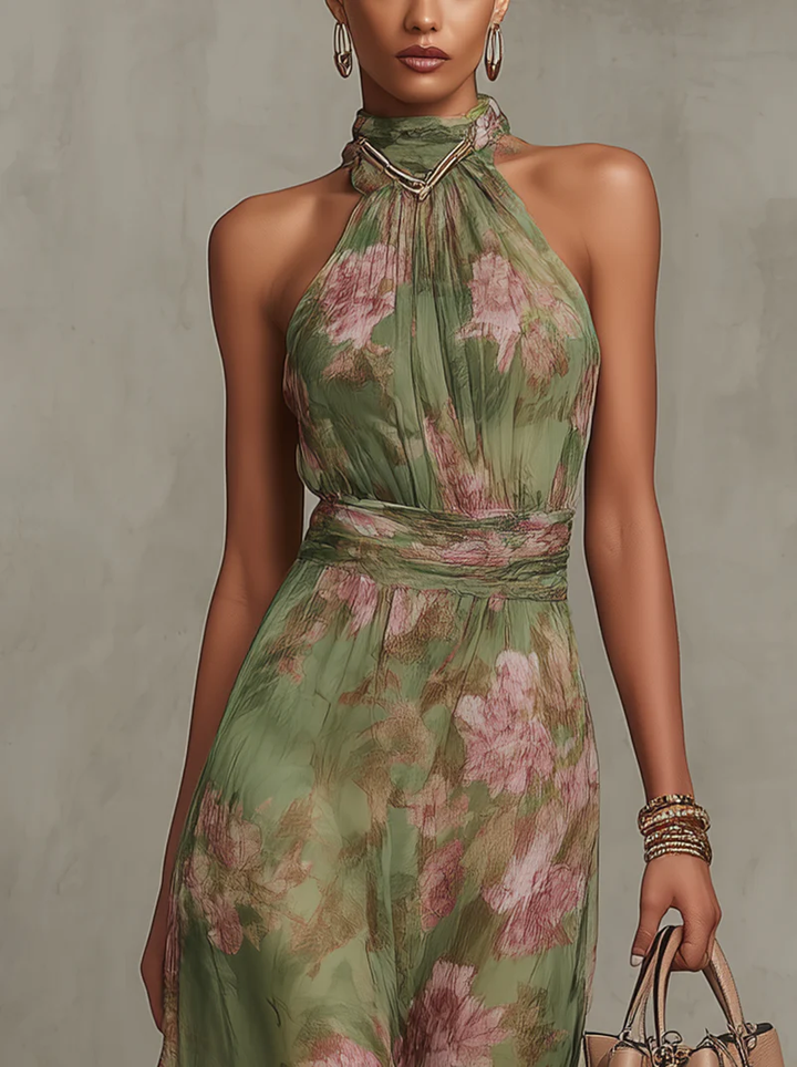 Botanica | Floral Chiffon Gathered Halter Neck Maxi Dress with Belt