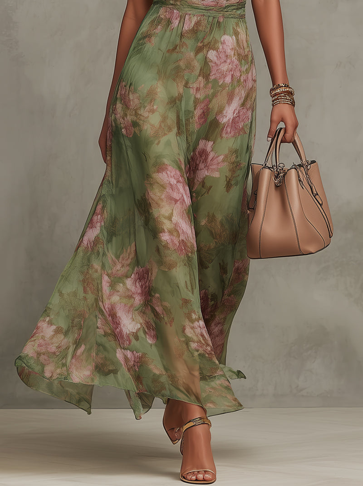 Botanica | Floral Chiffon Gathered Halter Neck Maxi Dress with Belt