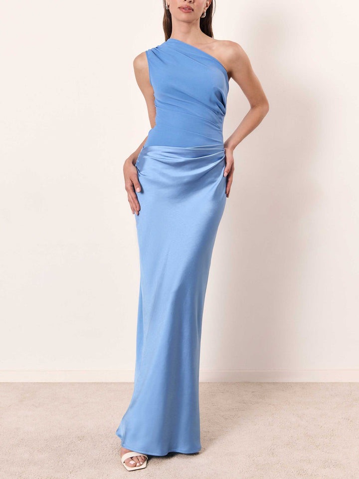Serena | Ruched Satin One Shoulder Off Shoulder Dress