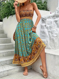 Zahara | Boho Tribal Print Strapless Womens Pleated Midi Dress